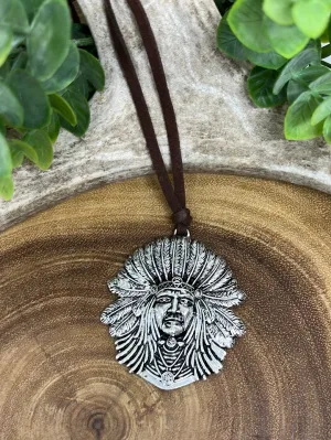 Fashion Indian Head Pendant on Leather - 28"