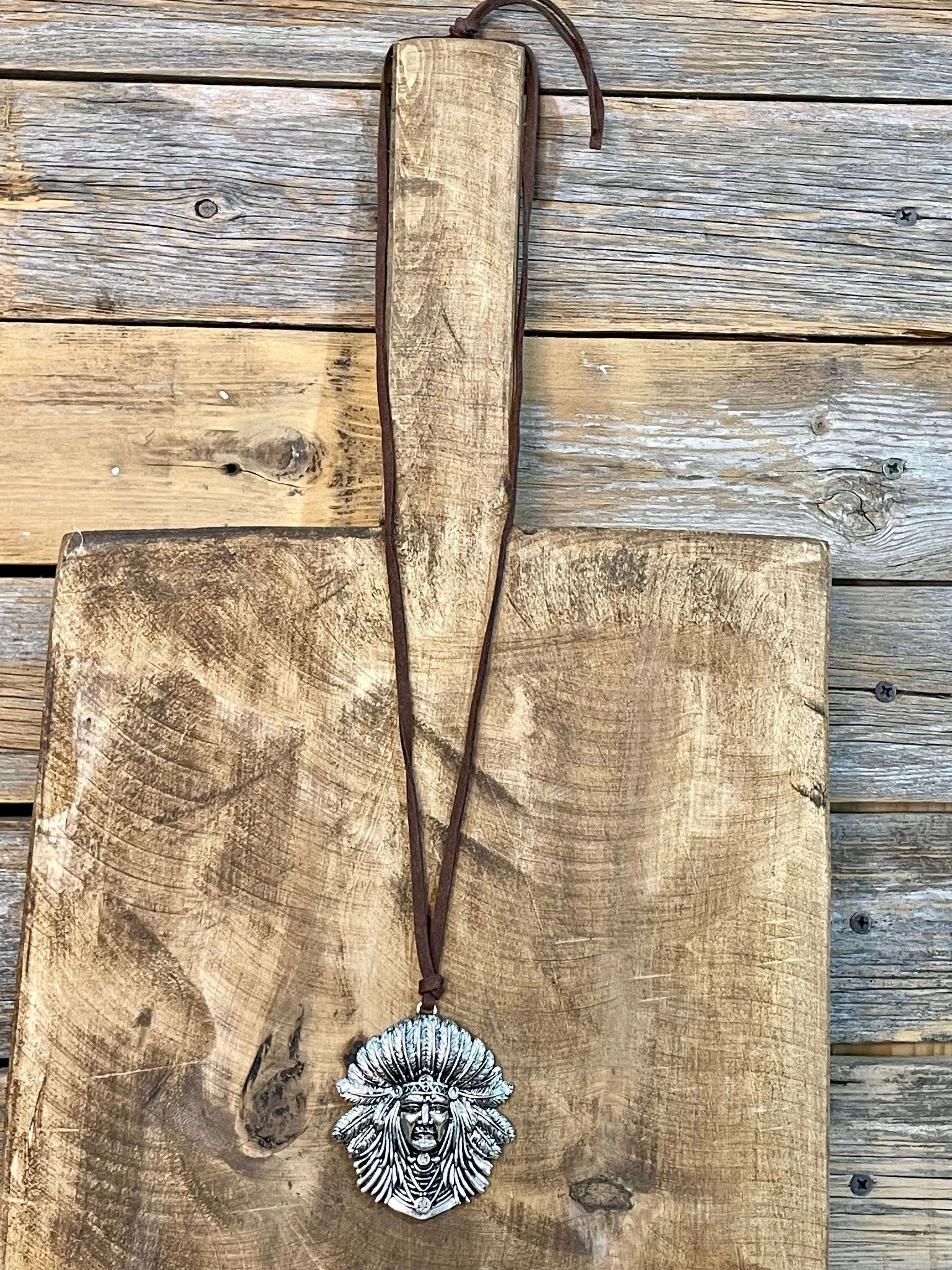 Fashion Indian Head Pendant on Leather - 28"