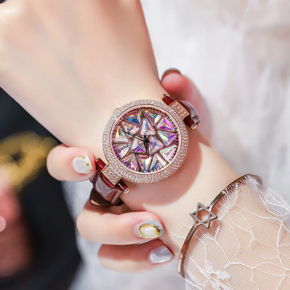 Fashion Japanese movement colored diamond dial comes and goes red belt female hand