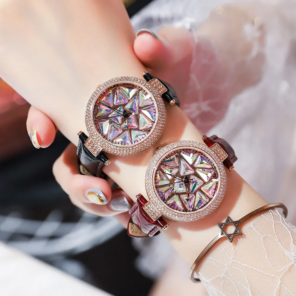 Fashion Japanese movement colored diamond dial comes and goes red belt female hand