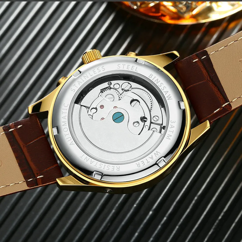 Fashion Luxury Brand BINSSAW leather Tourbillon Watch Automatic Men Wristwatch Men Mechanical steel Watches