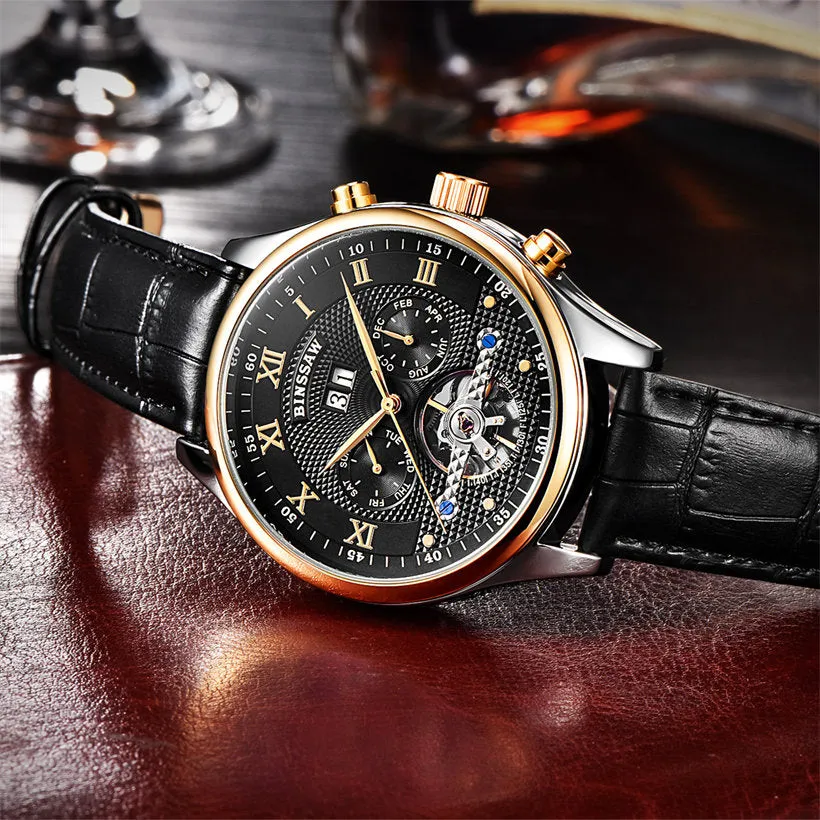 Fashion Luxury Brand BINSSAW leather Tourbillon Watch Automatic Men Wristwatch Men Mechanical steel Watches