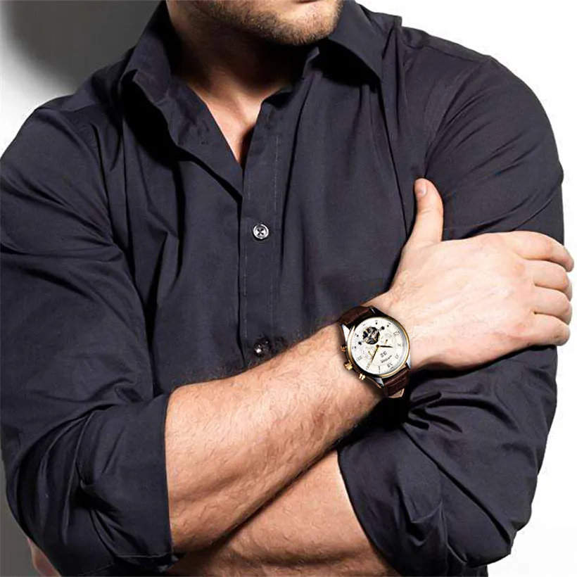 Fashion Luxury Brand BINSSAW leather Tourbillon Watch Automatic Men Wristwatch Men Mechanical steel Watches