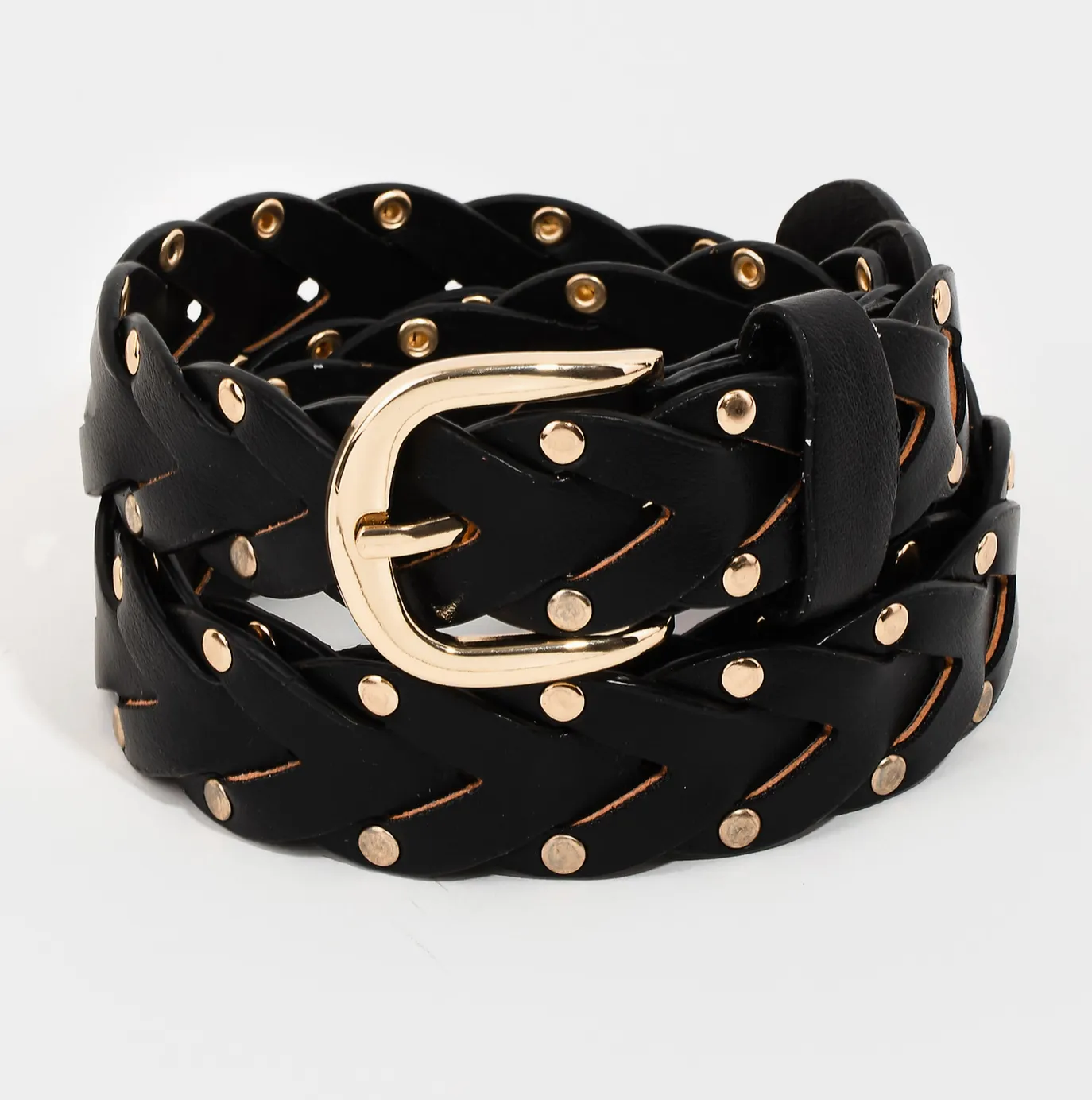 Faux Leather Braided Gold Stud Belt