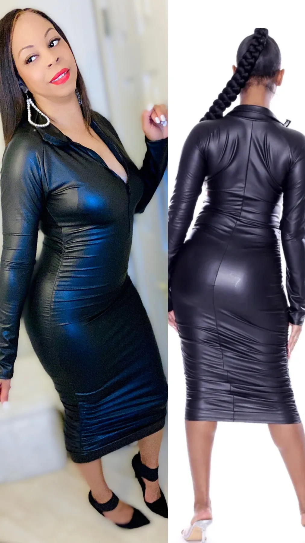 Faux Leather Ruched Zipper MIDI