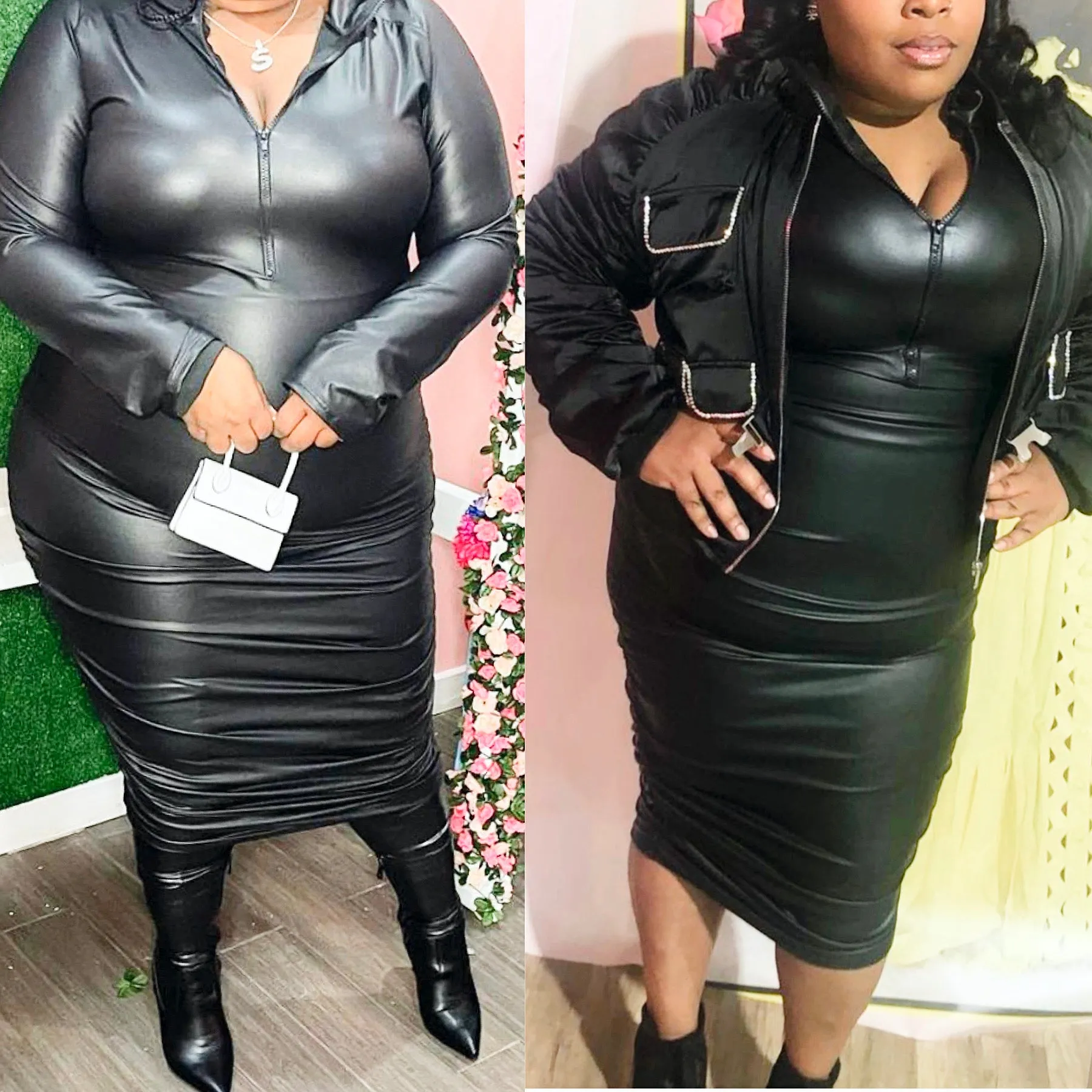 Faux Leather Ruched Zipper MIDI