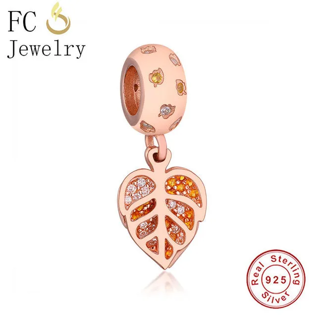 FC Jewelry Fit Original Pandora Charm Bracelet 100% 925 Silver Leaf Micro Pave Pink Purple Zircon Bead Making Reflexion Berloque