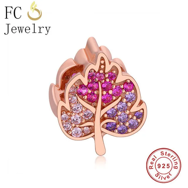 FC Jewelry Fit Original Pandora Charm Bracelet 100% 925 Silver Leaf Micro Pave Pink Purple Zircon Bead Making Reflexion Berloque