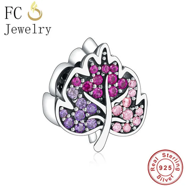FC Jewelry Fit Original Pandora Charm Bracelet 100% 925 Silver Leaf Micro Pave Pink Purple Zircon Bead Making Reflexion Berloque