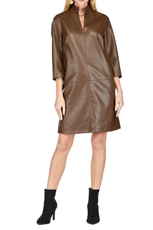 FINAL SALE: Jade Stand Collar Faux Leather Dress in Chocolate