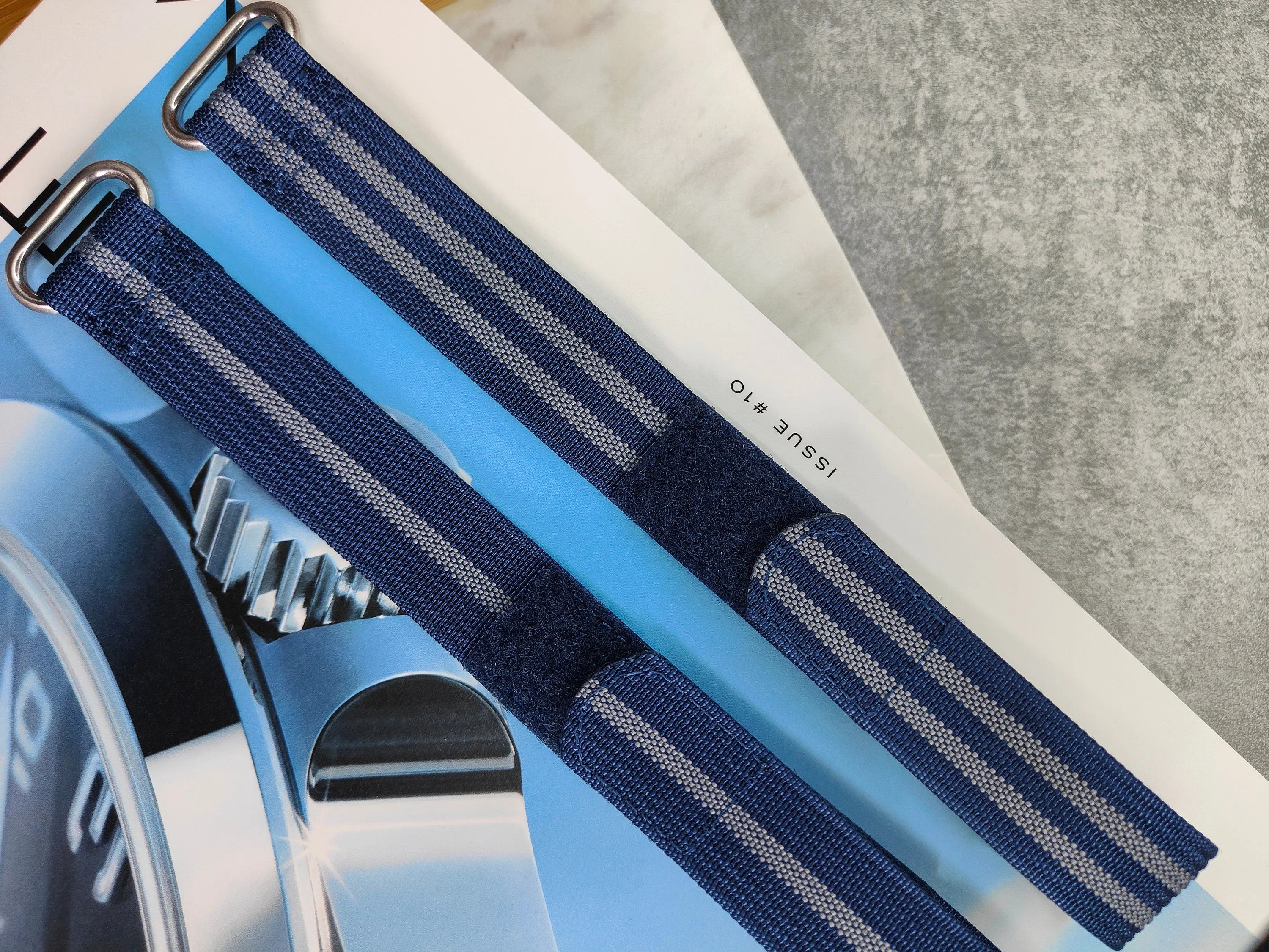 Fixed Lugs Premium Ribbed Ballistic Nylon Single Pass Hook And Loop Strap - Blue Silver