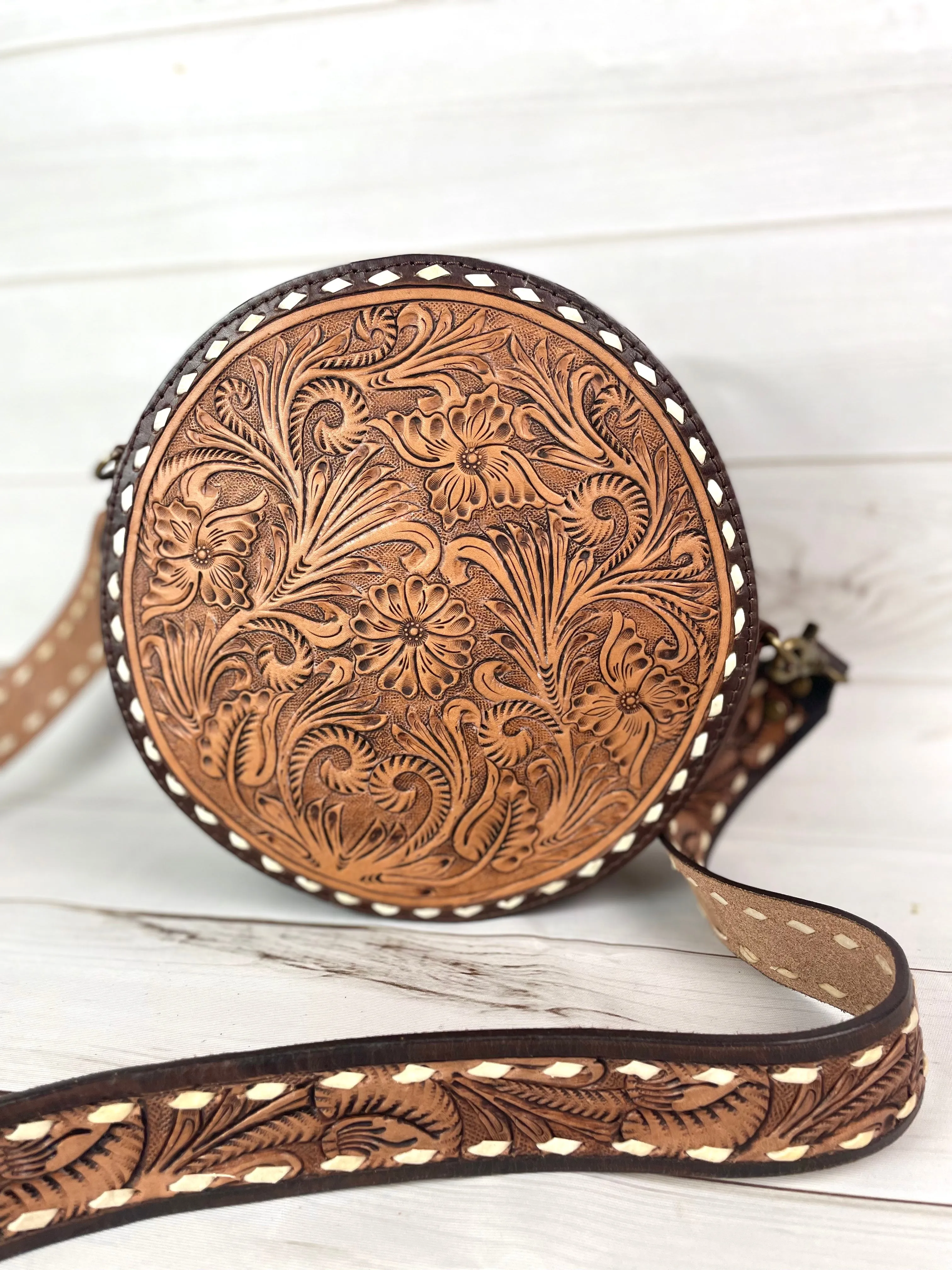 Floral Leather Tooled Buckstitch Round Canteen Crossbody Purse