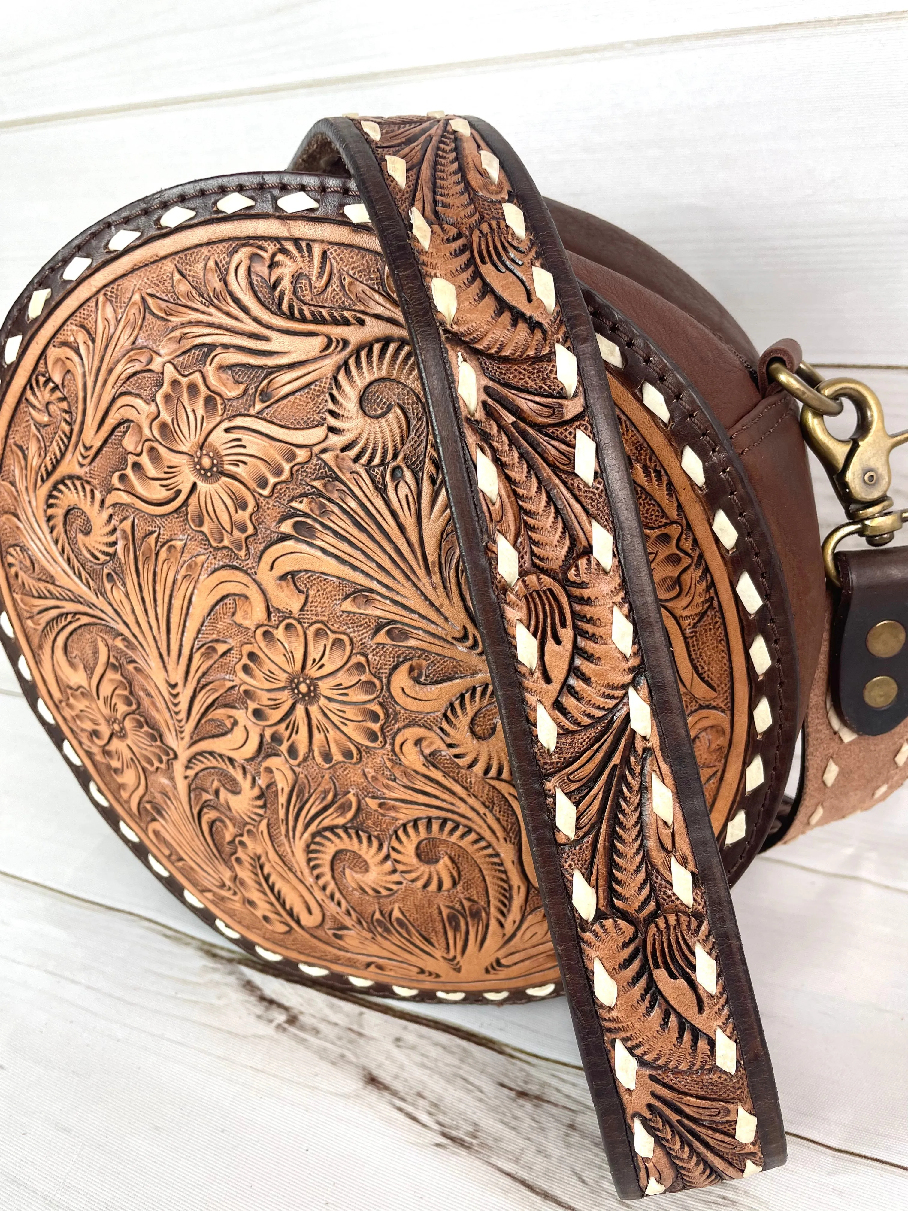 Floral Leather Tooled Buckstitch Round Canteen Crossbody Purse
