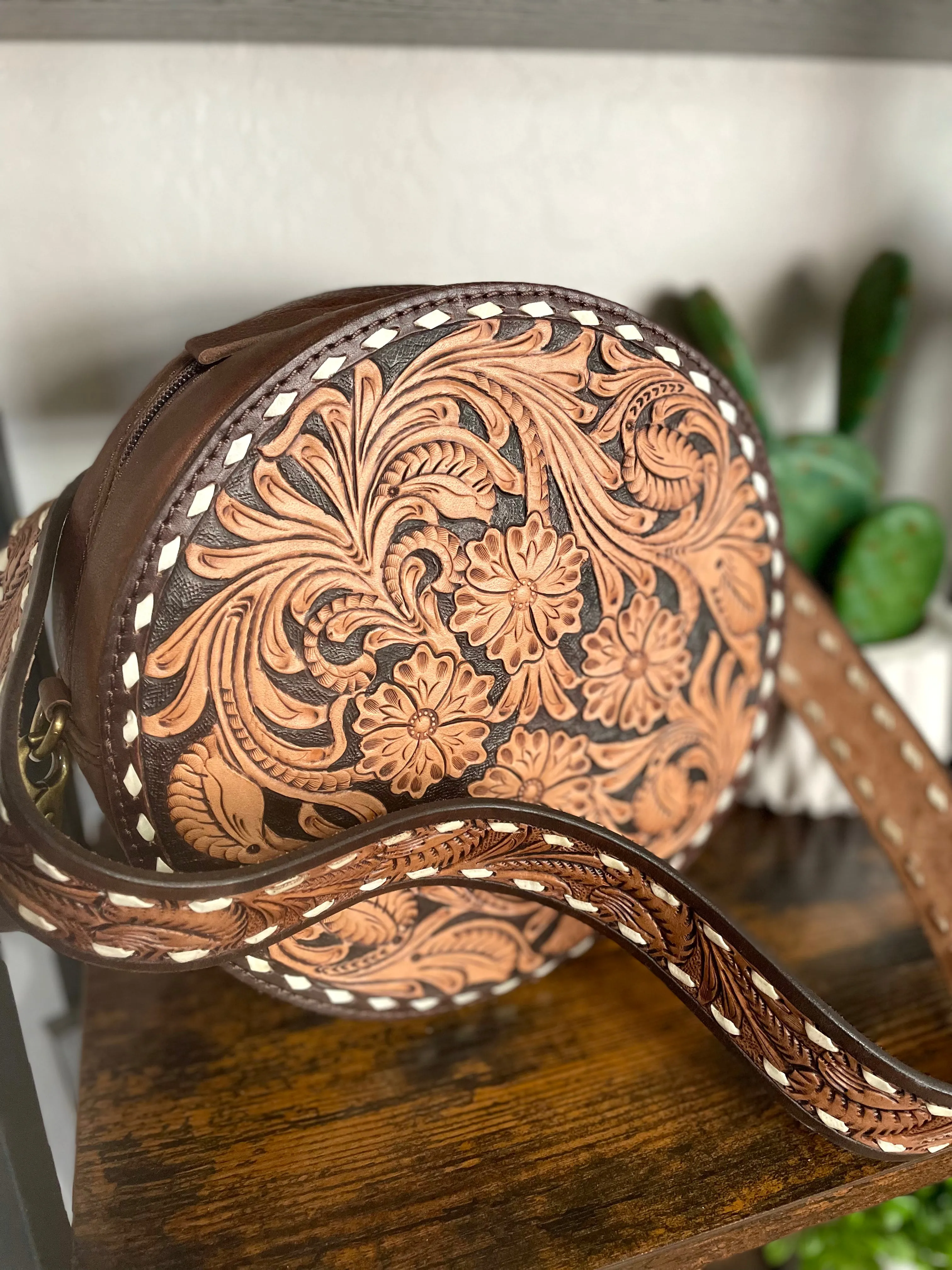 Floral Leather Tooled Buckstitch Round Canteen Crossbody Purse