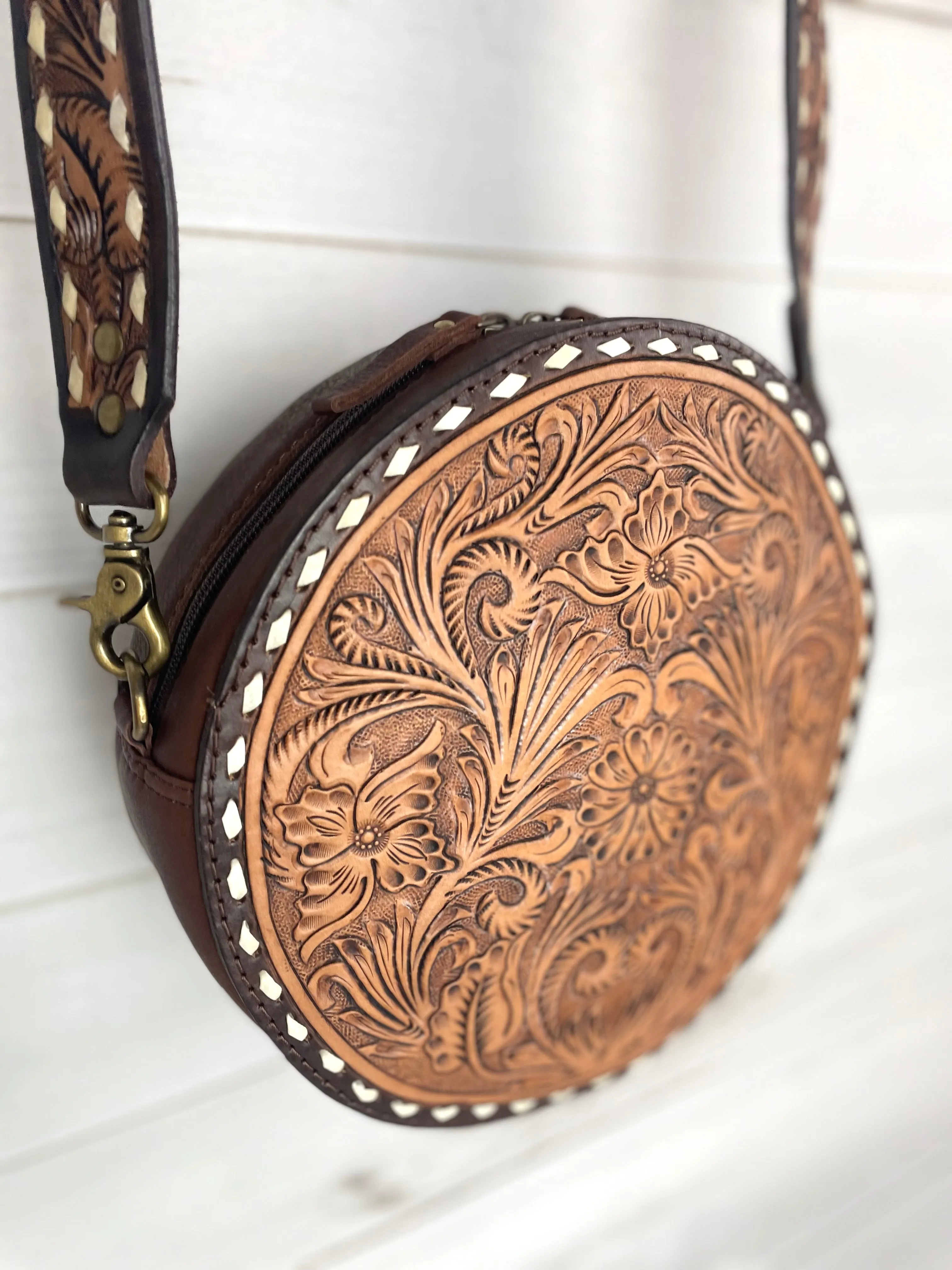 Floral Leather Tooled Buckstitch Round Canteen Crossbody Purse