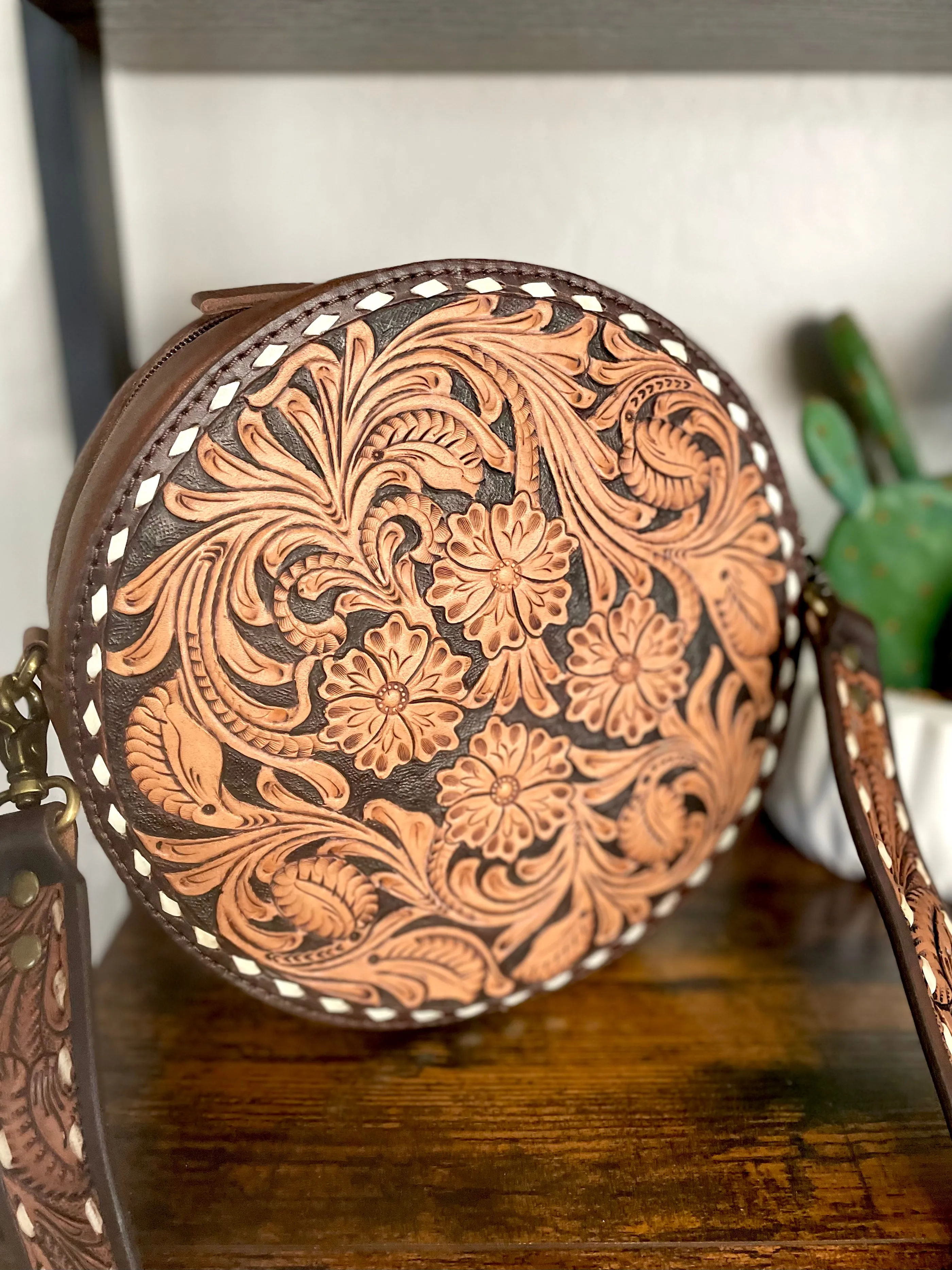 Floral Leather Tooled Buckstitch Round Canteen Crossbody Purse