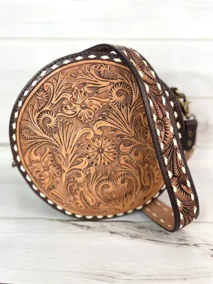 Floral Leather Tooled Buckstitch Round Canteen Crossbody Purse