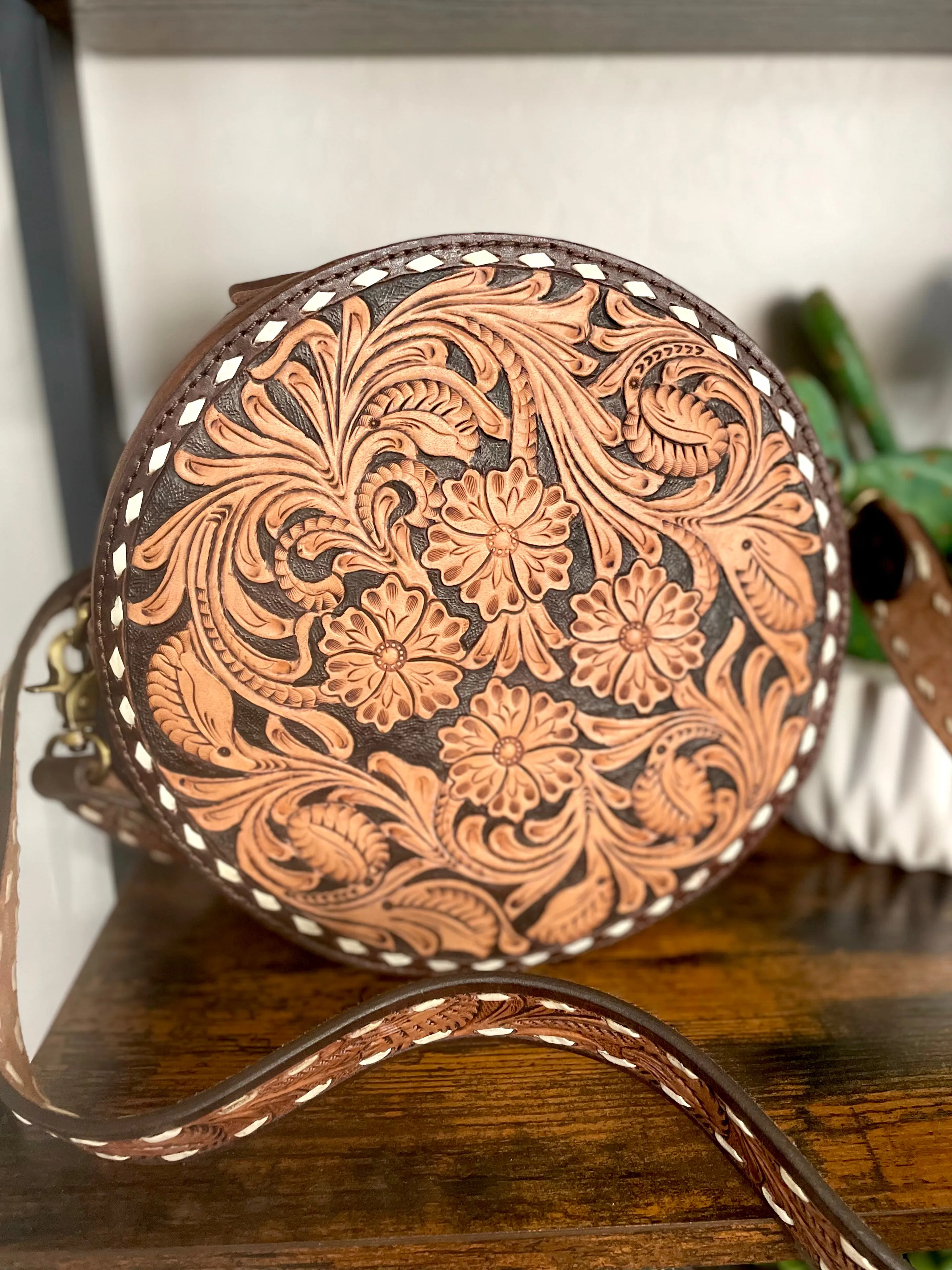 Floral Leather Tooled Buckstitch Round Canteen Crossbody Purse
