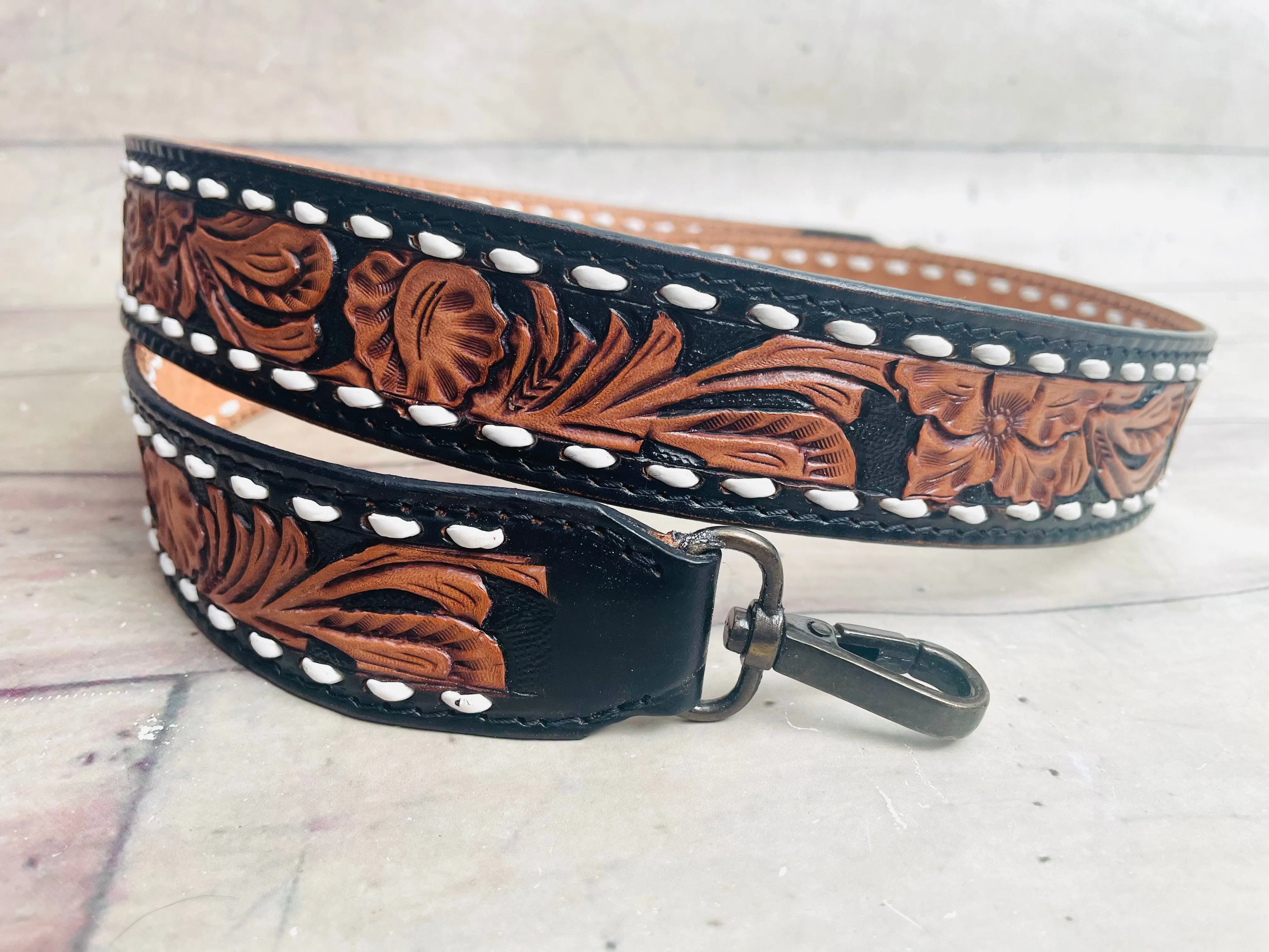 Floral Scroll Black Border Leather Handbag Strap with White Buckstitch