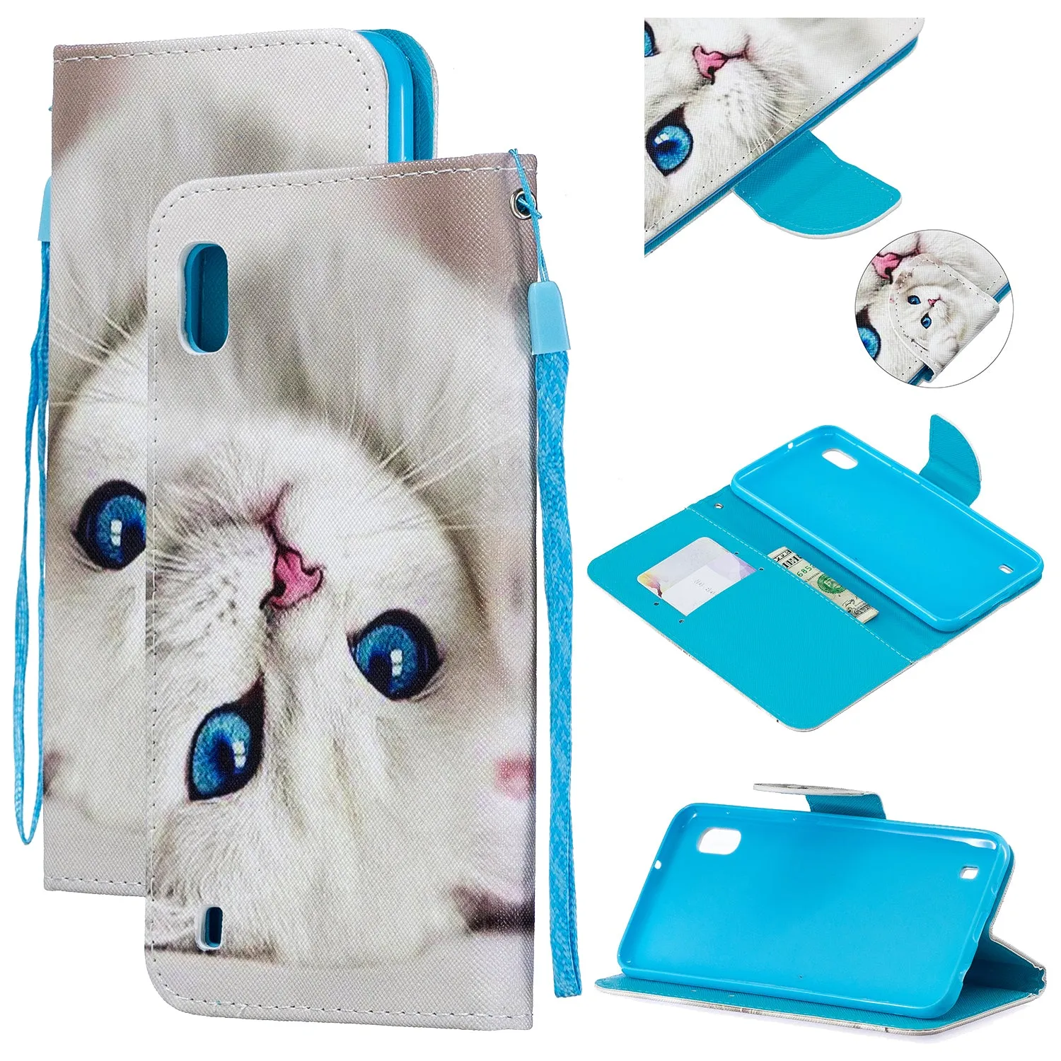 For Samsung A10/A20/A30 Smartphone Case PU Leather Wallet Design Cellphone Cover with Card Holder Stand Available Black white cat