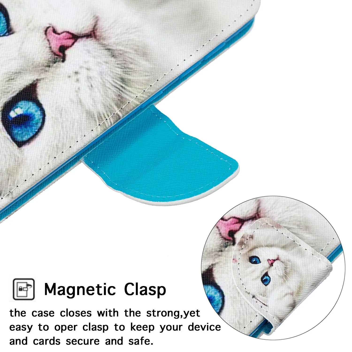 For Samsung A10/A20/A30 Smartphone Case PU Leather Wallet Design Cellphone Cover with Card Holder Stand Available Blue eyes cat