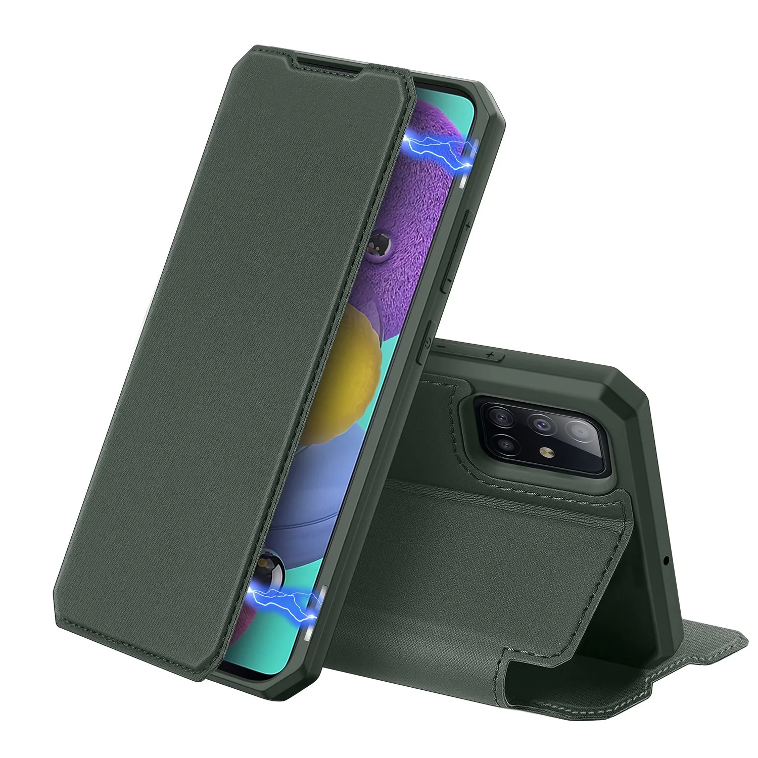 For Samsung A71 Magnetic Protective Case Bracket with Card Slot Leather Mobile Phone Cover Dark green