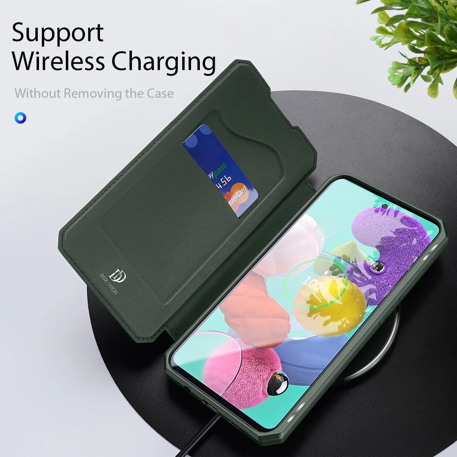 For Samsung A71 Magnetic Protective Case Bracket with Card Slot Leather Mobile Phone Cover Dark green