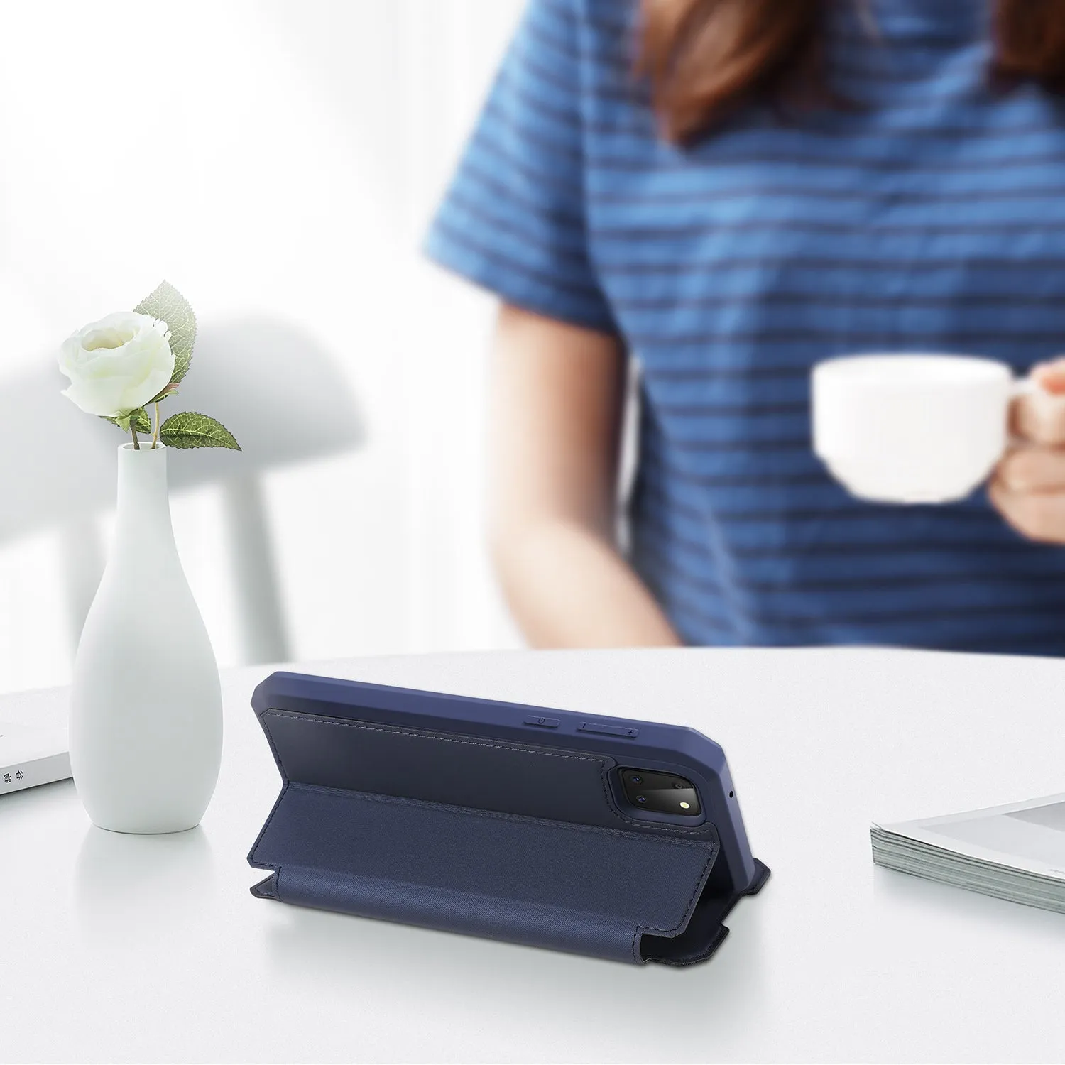 For Samsung NOTE 10 Lite Magnetic Protective Case Bracket with Card Slot Leather Mobile Phone Cover Royal blue