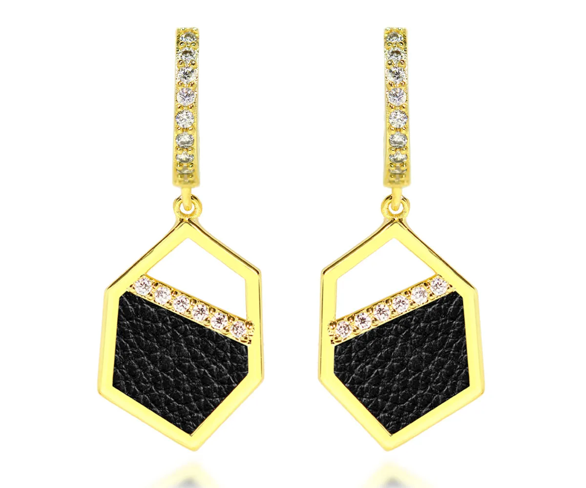 Geometric Leather Inlay Gold Earrings