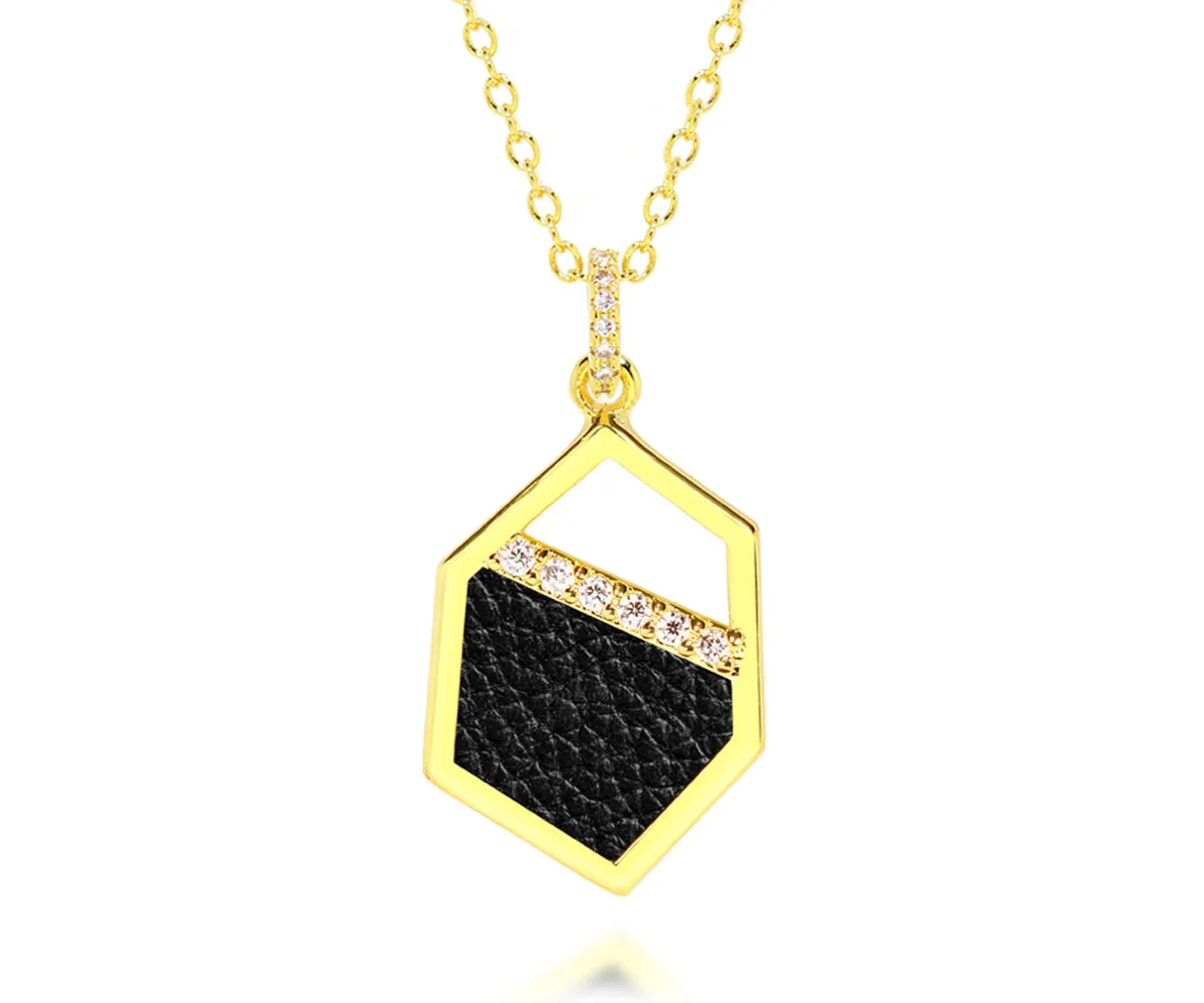Geometric Leather Inlay Gold Necklace