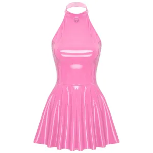 Glossy Patent Leather Halter Skater Mini Dress - Latex Swing Skirt Clubwear