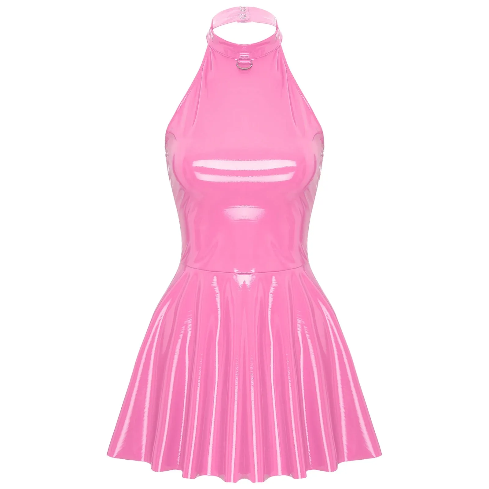 Glossy Patent Leather Halter Skater Mini Dress - Latex Swing Skirt Clubwear