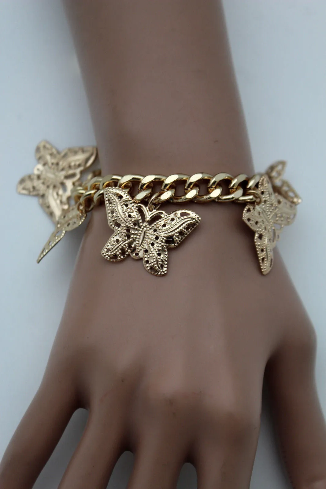 Gold Metal Chain Bracelet Multi Butterfly Charm Wrist Trendy
