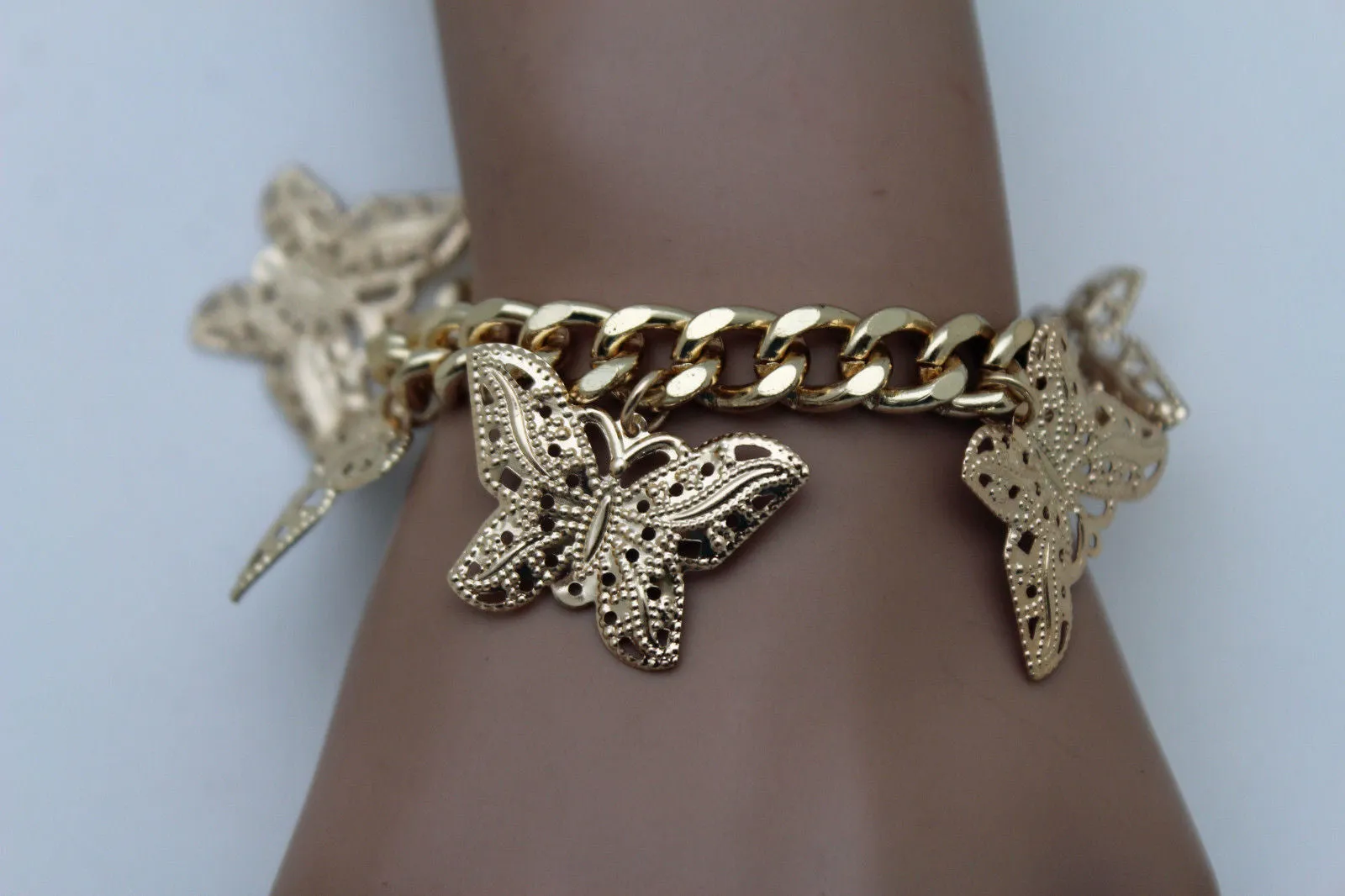 Gold Metal Chain Bracelet Multi Butterfly Charm Wrist Trendy