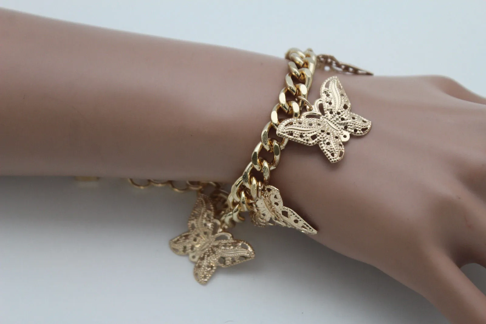 Gold Metal Chain Bracelet Multi Butterfly Charm Wrist Trendy