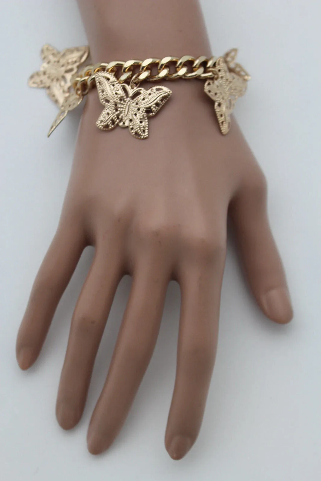 Gold Metal Chain Bracelet Multi Butterfly Charm Wrist Trendy