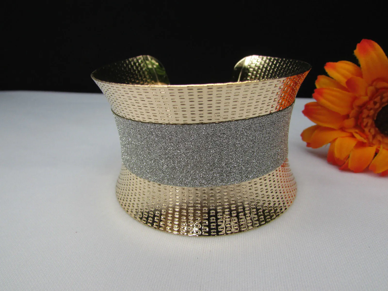 Gold Metal Cuff Bracelet Horizontal Silver Shiny Glitter Stripes