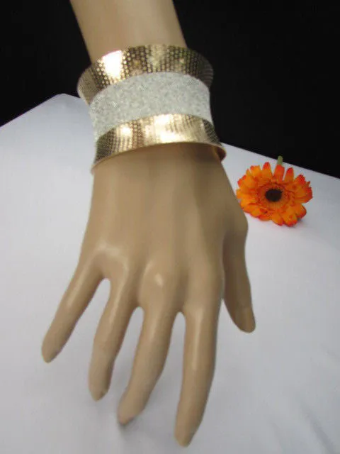 Gold Metal Cuff Bracelet Horizontal Silver Shiny Glitter Stripes
