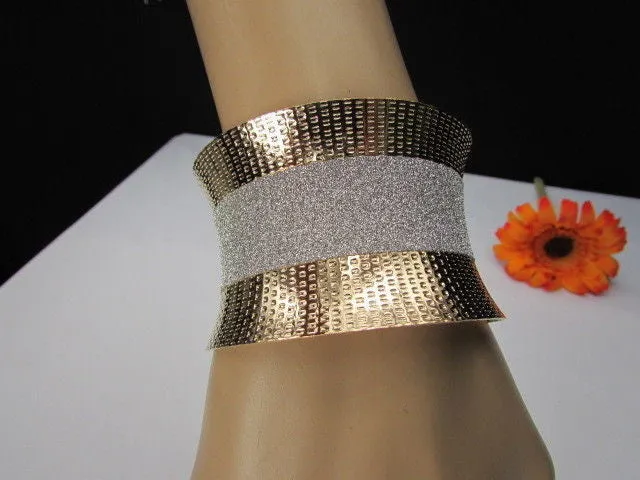 Gold Metal Cuff Bracelet Horizontal Silver Shiny Glitter Stripes