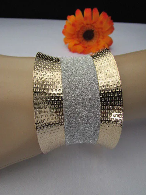 Gold Metal Cuff Bracelet Horizontal Silver Shiny Glitter Stripes