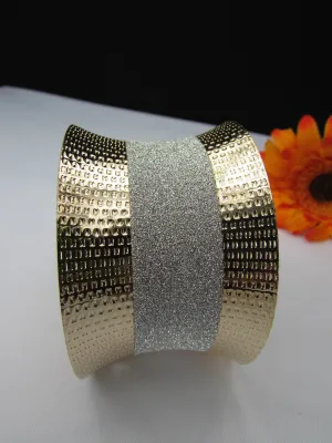 Gold Metal Cuff Bracelet Horizontal Silver Shiny Glitter Stripes