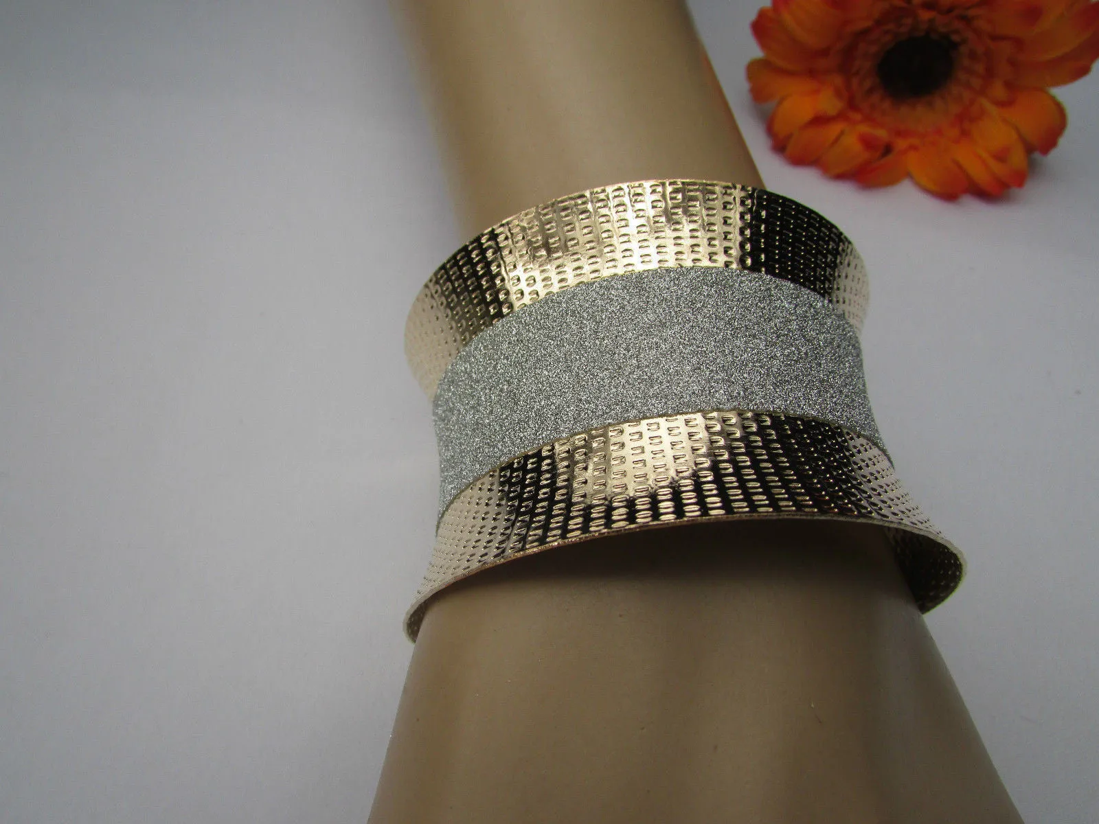 Gold Metal Cuff Bracelet Horizontal Silver Shiny Glitter Stripes