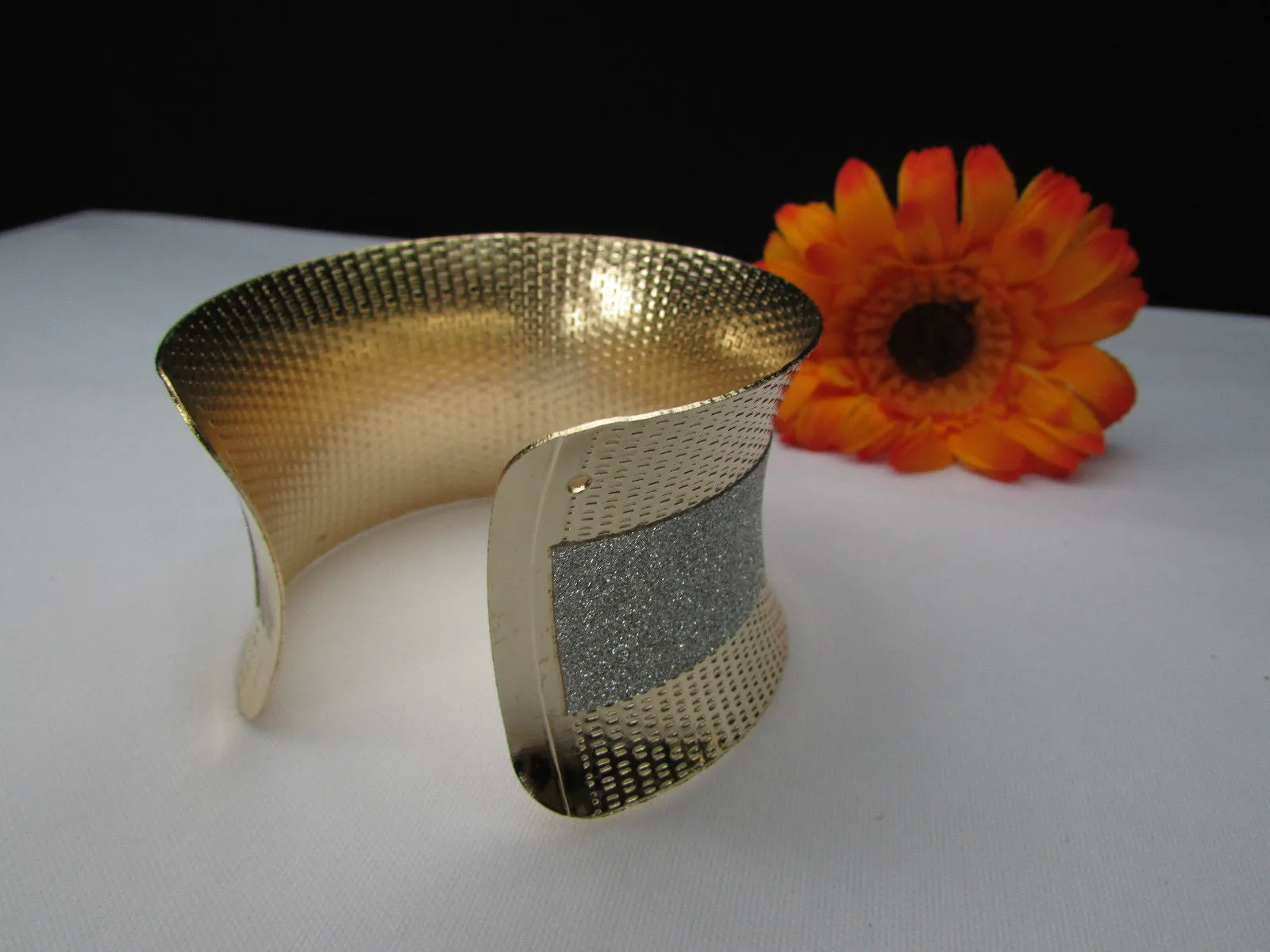 Gold Metal Cuff Bracelet Horizontal Silver Shiny Glitter Stripes