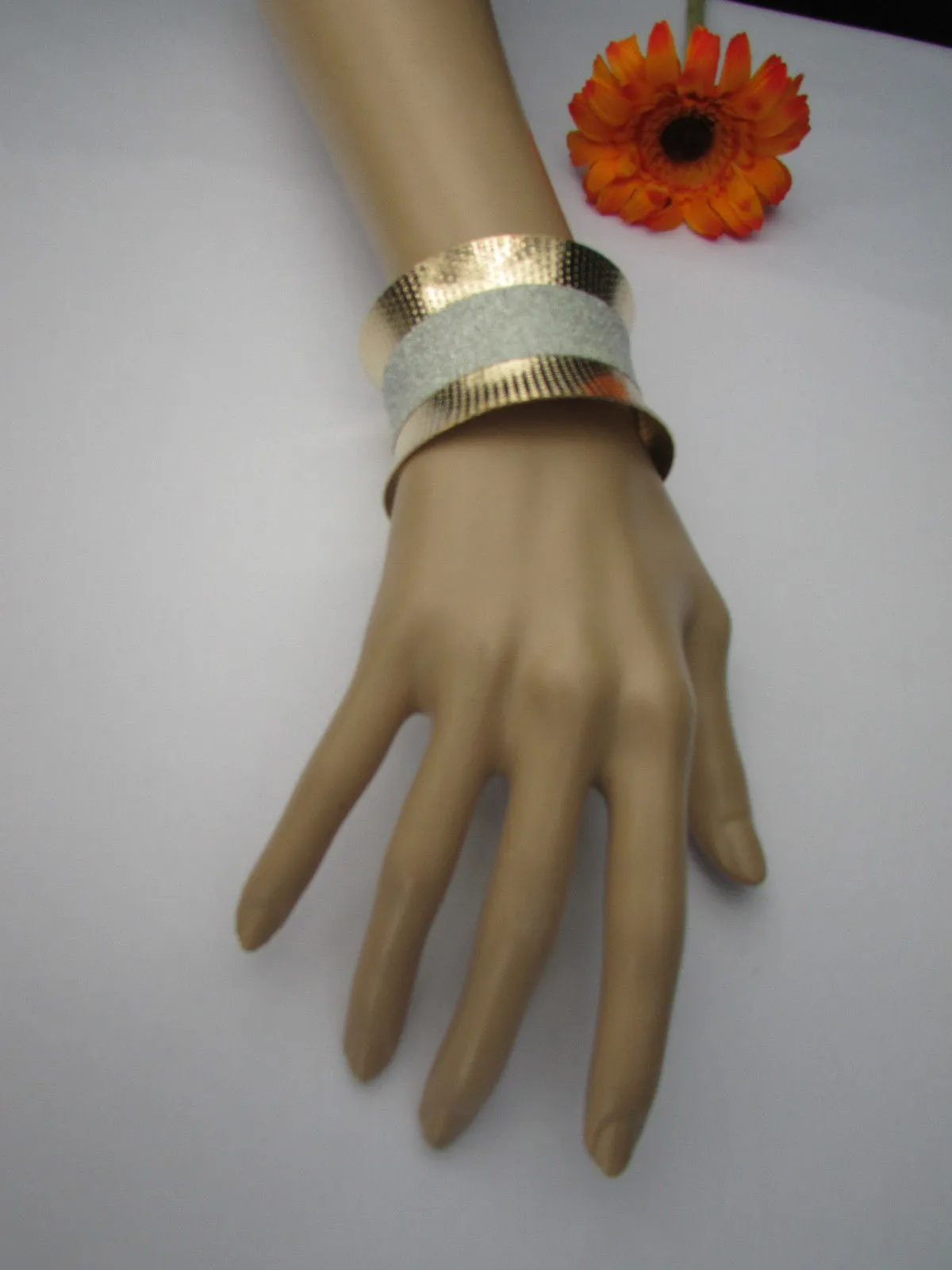 Gold Metal Cuff Bracelet Horizontal Silver Shiny Glitter Stripes