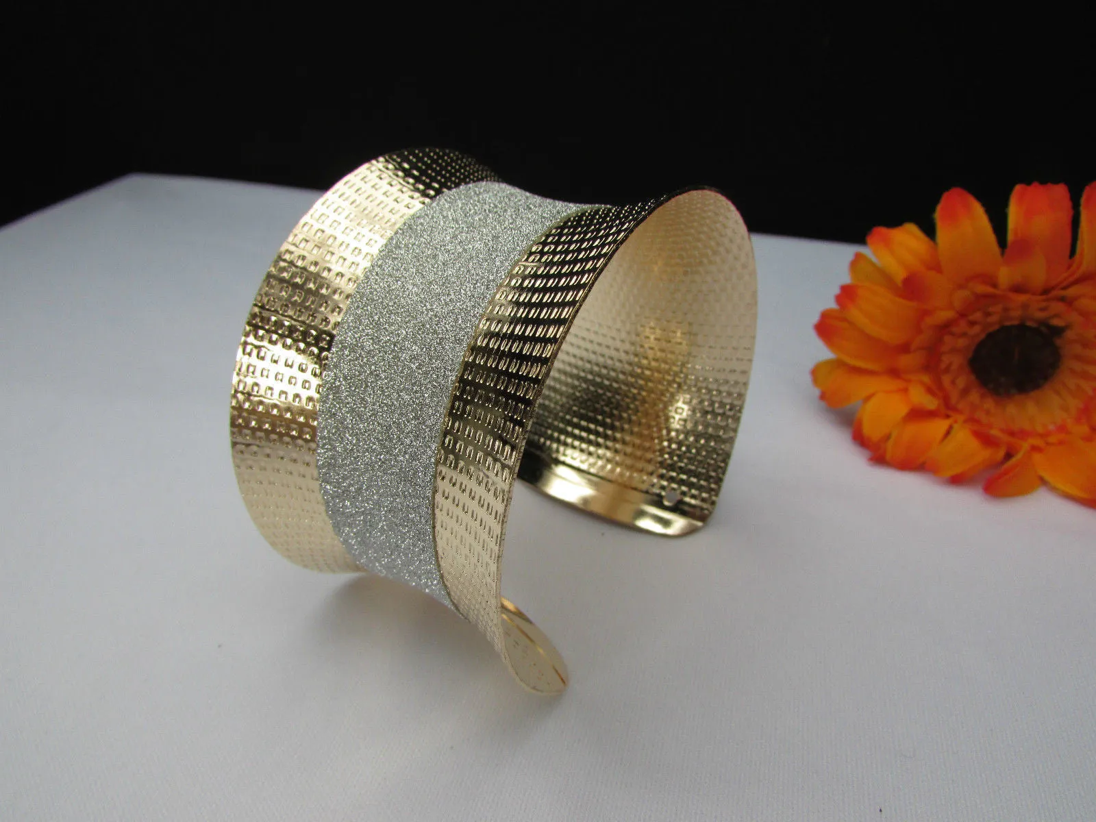 Gold Metal Cuff Bracelet Horizontal Silver Shiny Glitter Stripes