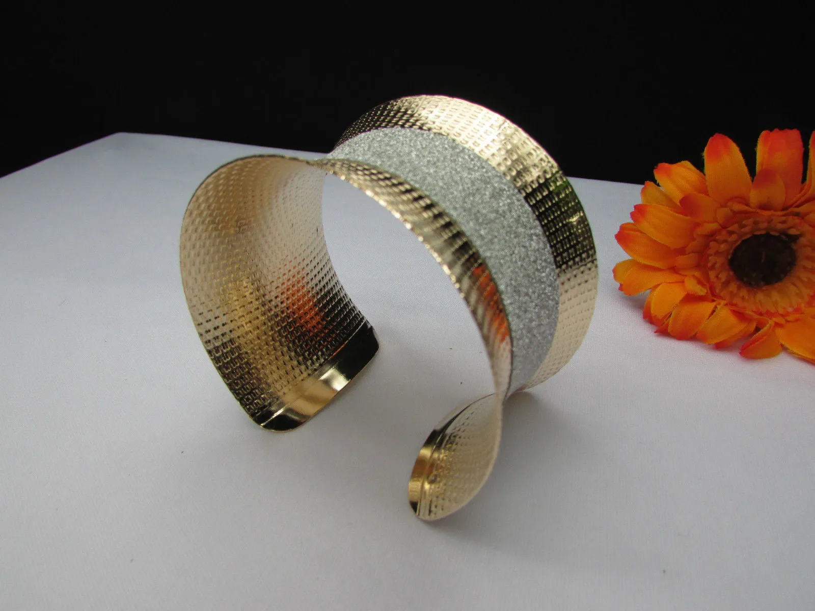 Gold Metal Cuff Bracelet Horizontal Silver Shiny Glitter Stripes