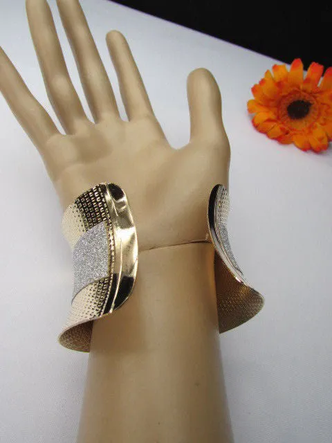 Gold Metal Cuff Bracelet Horizontal Silver Shiny Glitter Stripes