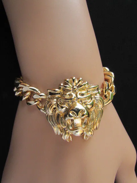 Gold Metal Thick Light Chains Bracelet Big Lion Head Trendy