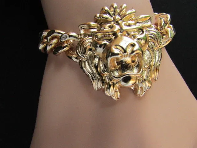 Gold Metal Thick Light Chains Bracelet Big Lion Head Trendy