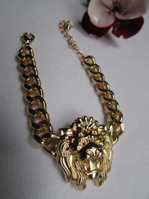 Gold Metal Thick Light Chains Bracelet Big Lion Head Trendy